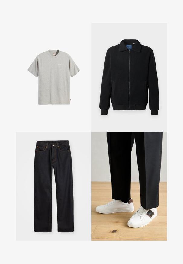 Musta fleece-takki, jossa on vetoketjulla suljettavat, pystykaulus, ribbireunat ja sivutaskut, joissa on teksturoitu pinta.; Harmaa puuvillapaita, jossa on pyöreä kaula-aukkko, lyhyet hihat ja pieni valkoinen "Levi's"-logo rinnassa. Yksinkertainen ja suoraviivainen muotoilu.; Miestne čierne rovné džínsy so štyrmi vreckami a oranžovým šitím, zapínanie na gombík a zips na prednom pásku.; Valkoiset tennarit, joissa on sileä pinta, ruskealla nahka-akentilla ja mustilla yksityiskohdilla, yhdistetty mustiin räätälöityihin housuihin. Taustalla puulattia.