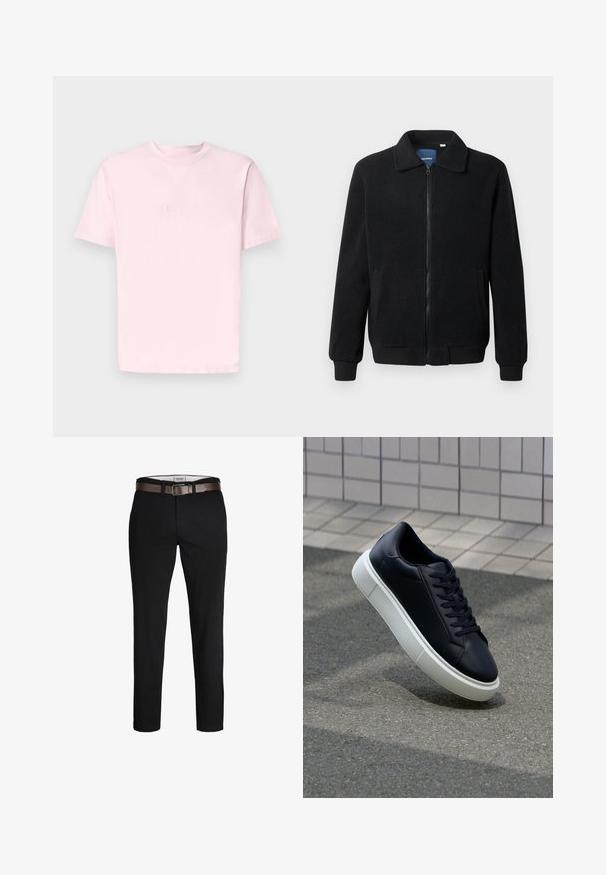 Melnā vilnas jaka ar rāvējslēdzēju, stāvošu apkakli, ribotām piedurknēm un sānu kabatām ar teksturētu virsmu.; Jack & Jones JORVESTERBRO CREW NECK - Apdrukāts T-krekls - fairy tale; Melni kokvilnas bikses ar taisnu piegriezumu, kurām ir brūns ādas josta un gluda tekstūra. Vienkāršs dizains, bez redzamām rakstām vai akcentiem.; Melnas ādas kedas ar noapaļotu pirkstu un baltu gumijas zoli. Iespējas - plakanas šņorītes un minimāla apdare augšdaļā. Struktūrēta zole, lai nodrošinātu saķeri.