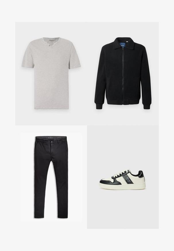 Zwarte fleece jas met een ritssluiting, staande kraag, ribgebreide manchetten en zijzakken met een textuur.; Korte mouwen, grijs en wit gestreept T-shirt met een ronde kraag en twee-knopen detail bij de halslijn. Zachte stof met een casual pasvorm.; Zwarte katoenen chinos met een taps toelopende pasvorm, voorzien van vijf zakken, riemlussen en een gladde textuur. Ritssluiting met een knoopsluiting.; Leren sneakers met een zwart en crèmekleurig kleurenschema, voorzien van geperforeerde accenten, een gevoerde kraag en een gestructureerde buitenzool.