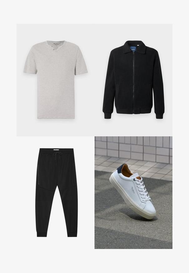 Zwarte fleece jas met een ritssluiting, staande kraag, ribgebreide manchetten en zijzakken met een textuur.; Korte mouwen, grijs en wit gestreept T-shirt met een ronde kraag en twee-knopen detail bij de halslijn. Zachte stof met een casual pasvorm.; Zwarte sportbroeken van textuurstof, met een verstelbare tailleband, een ritssluiting opzij en tapered boorden.; Witte leren sneaker met een marineblauwe hiel, ronde neus en contrasterende bruin accent. Beschikt over platte veters en een gestructureerde rubberen zool.