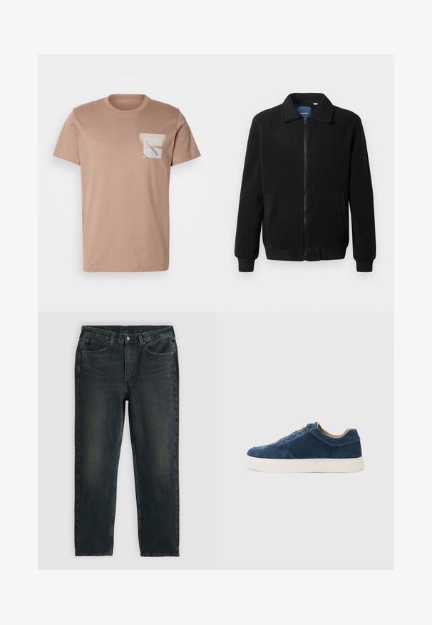 Schwarze Fleecejacke mit Reißverschluss, Stehkragen, gerippten Bündchen und seitlichen Taschen mit strukturiertem Oberflächenmaterial.; Kurzärmliges, beiges T-Shirt aus Baumwolle mit einer weißen Tasche, die abstrakte Formen in sanften Farben zeigt, runder Hals und normale Passform.; Dunkelblaue Jeans aus Denim mit geradem Bein, fünf Taschen, Reißverschluss und kontrastierenden Nähten. Dezente Ausbleichungen im Stoff.; Blaue Wildledersneaker mit weißer Gummisohle, Schnürdesign, runder Zehenpartie und kontrastierender, tanfarbener Innenseite. Subtile Stichelemente.