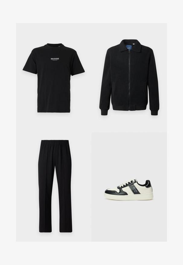 Zwarte fleece jas met een ritssluiting, staande kraag, ribgebreide manchetten en zijzakken met een textuur.; Zwart katoenen t-shirt met ronde hals, korte mouwen en een klein wit bedrukte logo op de linkerborst. Eenvoudige snit, geen extra patronen.; Zwarte, elastische broek met rechte pijpen, met een gladde textuur en zonder zichtbare patronen of hardware.; Leren sneakers met een zwart en crèmekleurig kleurenschema, voorzien van geperforeerde accenten, een gevoerde kraag en een gestructureerde buitenzool.