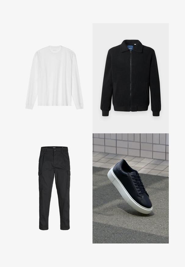 Black fleece jacket featuring a zip closure, stand collar, ribbed cuffs, and side pockets with a textured surface.; White long-sleeve cotton t-shirt with a crew neck, featuring ribbed cuffs and a straight hem, smooth texture, and minimalistic design.; Black cargo pants made of sturdy fabric, featuring multiple pockets, a button closure, and a slim fit design with tapered legs.; Black leather sneaker with rounded toe and white rubber sole. Features flat laces and minimal stitching on the upper. Textured sole for grip.