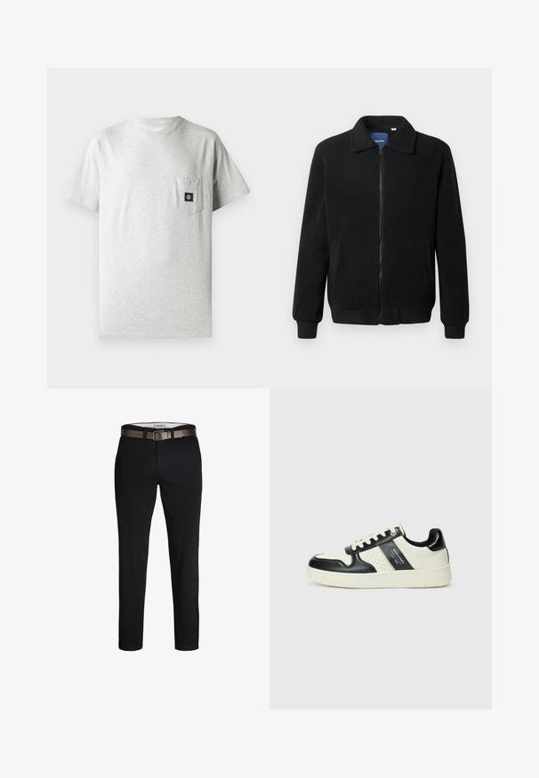 Melnā vilnas jaka ar rāvējslēdzēju, stāvošu apkakli, ribotām piedurknēm un sānu kabatām ar teksturētu virsmu.; Vīriešu pelēks kokvilnas T-kreklis ar apaļu kakla izgriezumu, īsām piedurknēm un kreisajā krūtī esošu kabatu, kurai ir neliela melna logotipa uzlīme.; Melni kokvilnas bikses ar taisnu piegriezumu, kurām ir brūns ādas josta un gluda tekstūra. Vienkāršs dizains, bez redzamām rakstām vai akcentiem.; Ādas sporta apavi ar melnbaltu krāsu shēmu, ar perforētiem akcentiem, mīkstinātu apkakli un teksturētu zoli.