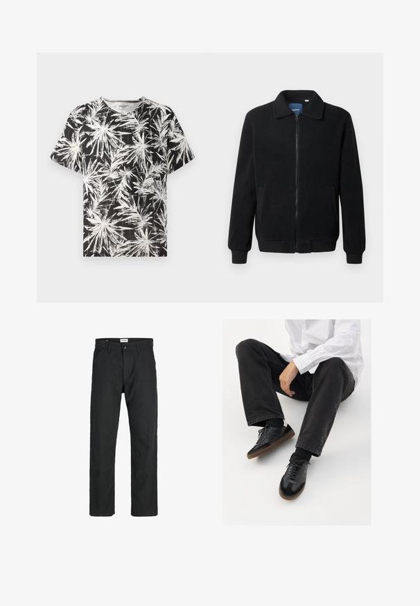 Černá fleecová bunda s zipovým uzávěrem, stojáčkem, vroubkovanými manžetami a bočními kapsami s texturovaným povrchem.; Černé tričko s bílým abstraktním vzorem palmového listu, krátké rukávy a kulatý výstřih, vyrobené z lehké bavlněné látky.; Černé kalhoty vyrobené z odolné tkaniny, s rovnými nohavicemi, šitými akcenty a dvěma předními kapsami pro praktičnost.; Černé tenisky se hladkým a texturovaným svrškem, s kaučukovou podešví a tmavými šňůrkami. Skombinované s černými džínami a bílou proužkovanou košilí.
