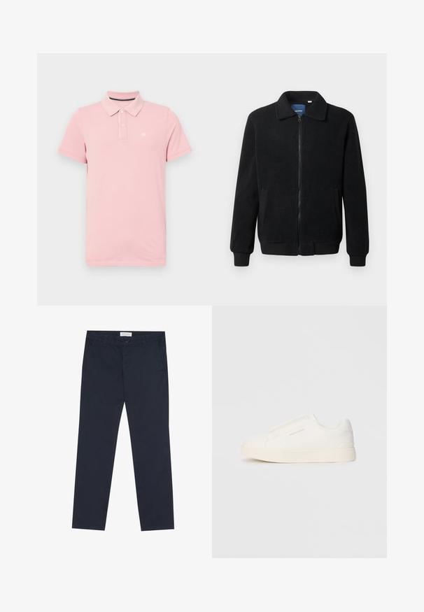 Black fleece jacket featuring a zip closure, stand collar, ribbed cuffs, and side pockets with a textured surface.; Pink polo shirt made of cotton with a classic collar, three buttons, and a small logo on the left chest. Short sleeves and a regular fit.; Navy blue chinos made of cotton with a smooth texture, featuring a zip fly, belt loops, and side pockets for functionality.; White slip-on sneakers with a textured surface, a thick sole, and minimalistic design. Features brand logo on the side.