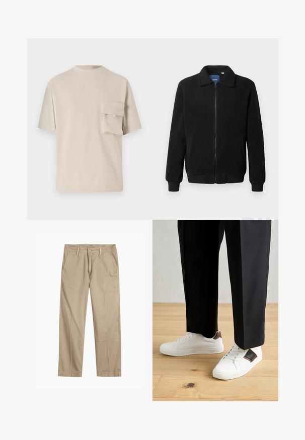 Black fleece jacket featuring a zip closure, stand collar, ribbed cuffs, and side pockets with a textured surface.; Beige cotton t-shirt with a round neck and short sleeves. Features a patch pocket on the left chest with a flap closure. Smooth texture.; Beige straight-leg chinos with belt loops, front button and zipper closure, and slant front pockets.; White sneakers with smooth texture, featuring brown leather accents and black detailing, paired with black tailored pants. Wooden floor background.