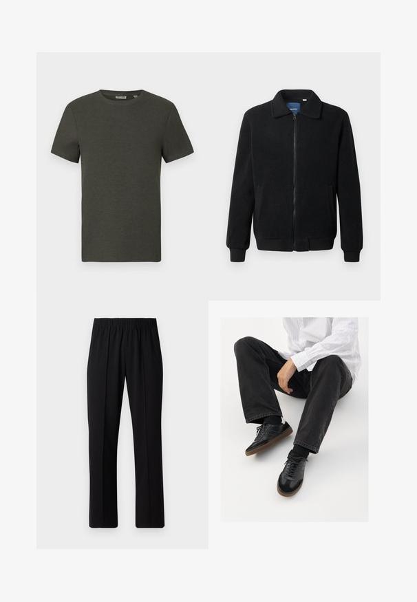 Fekete bolyhos dzseki cipzárral, állógallérral, bordázott mandzsettákkal és oldalzsebekkel, textúrált felülettel.; Sötétzöld, rövid ujjú póló kerek nyakkal, bordás anyagból készült; egyszerű, minimalista dizájnnal rendelkezik, minta nélkül.; Fekete, gumíros derekú nadrág egyenes szabással, sima felülettel, látható minták vagy fémrészek nélkül.; Fekete tornacipők sima és texturált felsőrészel, gumitalppal és sötét cipőfűzőkkel. Fekete farmernadrággal és fehér csíkos inggel párosítva.