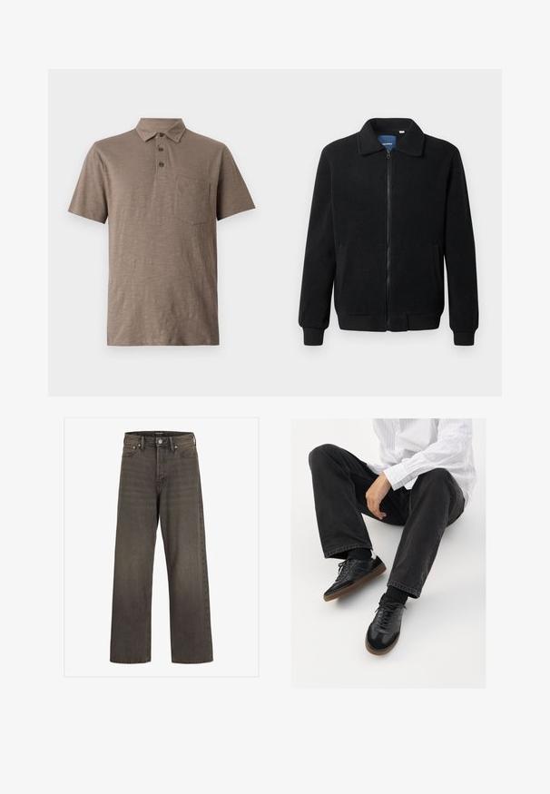 Μαύρο φλις μπουφάν με κλείσιμο με φερμουάρ, όρθιο γιακά, λαστιχένια μανίκια και πλάγιες τσέπες με υφή.; Πολο μπλουζάκι κοντομάνικο σε ανοιχτό καφέ χρώμα, φτιαγμένο από μαλακό ύφασμα. Διαθέτει κολάρο, τρία κουμπιά και τσέπη στο στήθος.; Πλατιά τζιν παντελόνια σε σκούρο γκρι τζιν, με ψηλή μέση, κλασικό σχέδιο πέντε τσεπών και αντίθετη ραφή κατά μήκος των ραφών.; Μαύρα αθλητικά παπούτσια με λείο και υφασμάτινο πάνω μέρος, διαθέτοντας καουτσούκ σόλα και σκούρες κορδόνες. Συνδυασμένα με μαύρα τζιν και λευκό πουκάμισο με ρίγες.