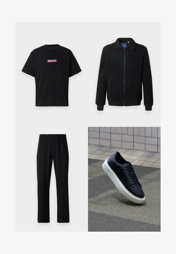 Juodas fliso džemperis su užtrauktuku, stovinčia apykakle, gumuotais rankogaliais ir šoninėmis kišenėmis, turinčiomis tekstūruotą paviršių.; Juodas medvilninis marškinėlis su trumpomis rankovėmis. Priekyje, centre, yra rožinė grafika su tekstu "UGDYK AUGIMĄ". Paprastas dizainas, laisvas prisiuvimas.; Juodos, elastingos juosmens kelnės su tiesiomis kojomis, turinčios lygų paviršių ir be matomų raštų ar detalių.; Juodas odinis sportbačius su apvaliu pirštu ir baltu gumuotu padu. Turi plokščias raišteles ir minimalų siuvimą viršuje. Padangos tekstūra užtikrina sukibimą.