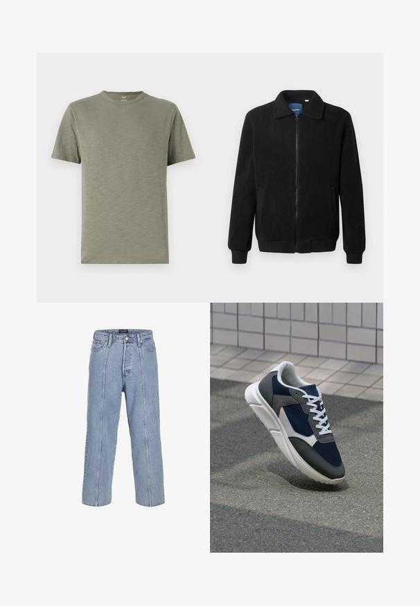 Fekete bolyhos dzseki cipzárral, állógallérral, bordázott mandzsettákkal és oldalzsebekkel, textúrált felülettel.; Olívazöld pamut póló, kerek nyakkivágással, rövid ujjakkal és puha, sima tapintással. Egyszerű design, díszítések vagy minták nélkül.; Világoskék farmernadrág laza fitte, széles szárakkal és látható varrási részletekkel. Gombos és cipzáras záródással, öt zsebével rendelkezik.; Cipő, amelynek sötétkék hálós felsőrésze, szürke velúr díszítései, fehér gumitalpa és lapos fehér fűzője van, a kényelem és a légáteresztő képesség érdekében tervezve.