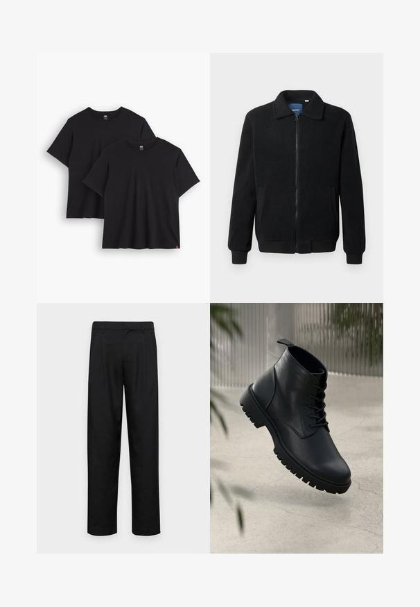 Juodas fliso džemperis su užtrauktuku, stovinčia apykakle, gumuotais rankogaliais ir šoninėmis kišenėmis, turinčiomis tekstūruotą paviršių.; Duos juodų medvilninių marškinėlių su trumpomis rankovėmis, apvaliais iškirpimais ir laisvu siluetu. Kiekvienas turi mažą audinį etiketę prie krašto.; Juodi kelnių modeliai, pagaminti iš lygios medžiagos, turi tiesią kojas, du priekiniai klostės ir standartinę juosmenį su diržo kilpomis.; Juodi odiniai auliniai batai su apvaliu pirštu, su raišteliais ir tvirtu guminio pado dizainu. Romus paviršius su kilpeliu gale.