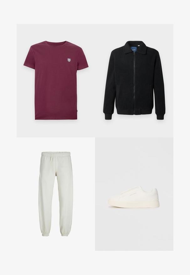 Črna flis jakna z zadrgo, stoječim ovratnikom, rebrastimi zapestji in stranskimi žepi s teksturirano površino.; Burgundska bombažna majica s krožnim izrezom in kratkimi rokavi. Ima majhen logotip ščita na zgornjem levem delu prsnega koša. Gladka tekstura.; Bele trenerke narejene iz mehkega blaga, z elastičnim pasom in manšetami, gladke teksture in ohlapnega kroja.; Bele zapete brez vezalk z teksturirano površino, debelim podplatom in minimalističnim dizajnom. Na strani se nahaja logotip blagovne znamke.