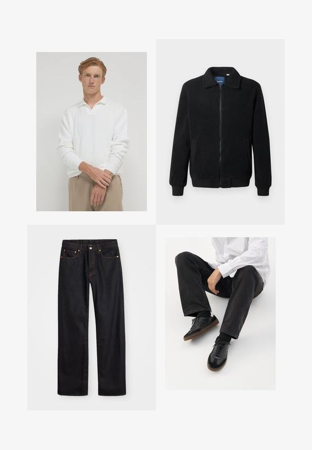 Schwarze Fleecejacke mit Reißverschluss, Stehkragen, gerippten Bündchen und seitlichen Taschen mit strukturiertem Oberflächenmaterial.; Calliope Poloshirt - bianco; Herren gerade geschnittene schwarze Jeans aus Denim mit fünf Taschen und orangefarbenen Nähten, Knopf- und Reißverschluss vorne am Bund.; Schwarze Sneakers mit einer glatten und strukturierten Oberfläche, ausgestattet mit einer Gummisohle und dunklen Schnürsenkeln. Kombiniert mit schwarzen Jeans und einem gestreiften weißen Hemd.