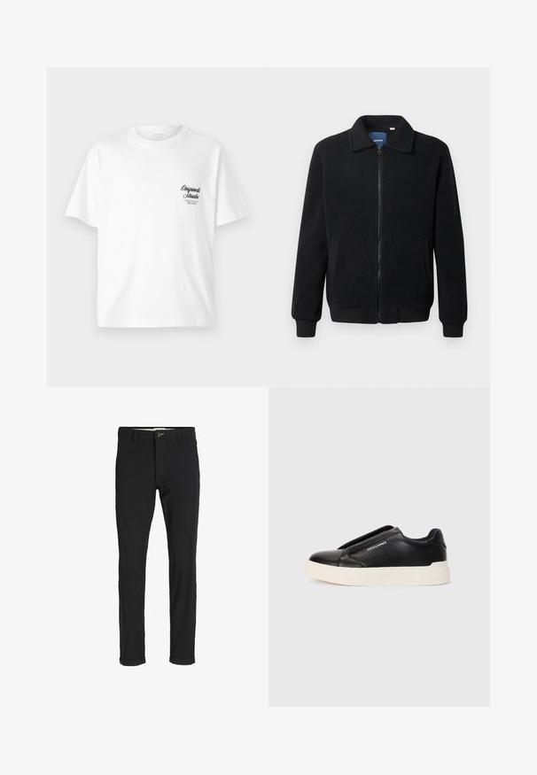 Melnā vilnas jaka ar rāvējslēdzēju, stāvošu apkakli, ribotām piedurknēm un sānu kabatām ar teksturētu virsmu.; Balts kokvilnas T-krekls ar apaļu kakla izgriezumu, īsām piedurknēm un melnu apdruku ar logo kreisajā krūtī, kas iezīmējas ar vintage rakstā.; Melnas kokvilnas maisījuma bikses ar šauru piegriezumu, ar pogu aizdari, kabatām un rullētām piedurknēm ikdienišķam izskatam.; Melna slip-on kedu ar teksturētu ādas augšdaļu, baltu gumijas zoli un bez redzamām šņorcēm. Uz sāna ir zīmola logo.