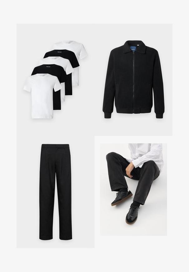 Casaco de polar preto com fecho de correr, gola alta, punhos canelados e bolsos laterais com uma superfície texturizada.; Cinco t-shirts básicas exibidas em uma linha: duas brancas e três pretas. Com mangas curtas, design de gola redonda, material de algodão macio.; Calças pretas feitas de tecido suave, com um design de perna reta, dois pregas frontais e uma cintura padrão com passantes para cinto.; Sneakers pretos com parte superior lisa e texturada, apresentando uma sola de borracha e atacadores escuros. Combinados com jeans pretos e uma camisa branca às riscas.