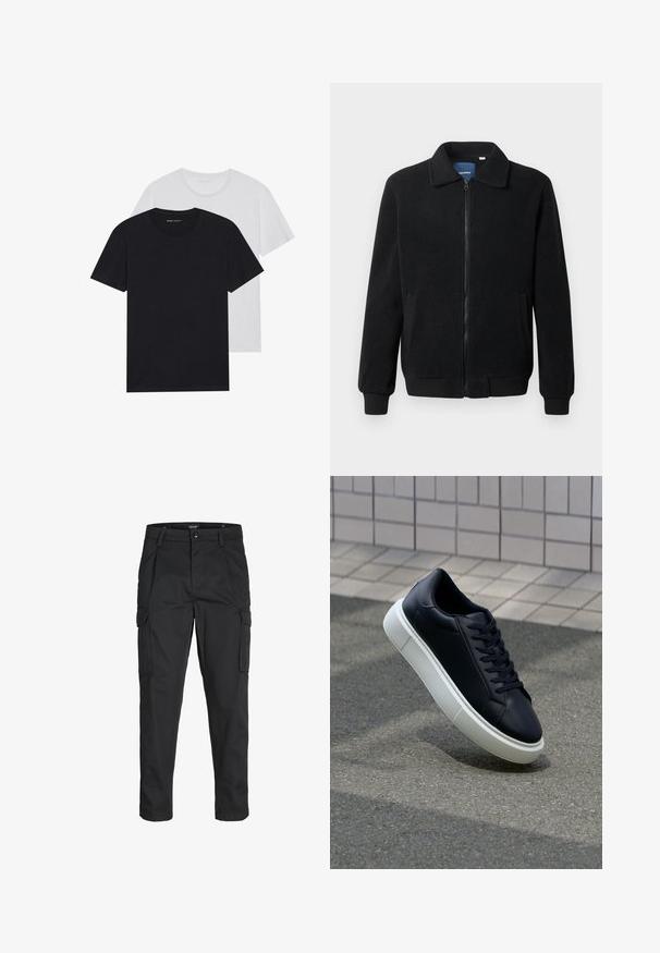 Black fleece jacket featuring a zip closure, stand collar, ribbed cuffs, and side pockets with a textured surface.; Black and white crew-neck t-shirts, short sleeves, made from cotton fabric, smooth texture, featuring branding on the neckline.; Black cargo pants made of sturdy fabric, featuring multiple pockets, a button closure, and a slim fit design with tapered legs.; Black leather sneaker with rounded toe and white rubber sole. Features flat laces and minimal stitching on the upper. Textured sole for grip.