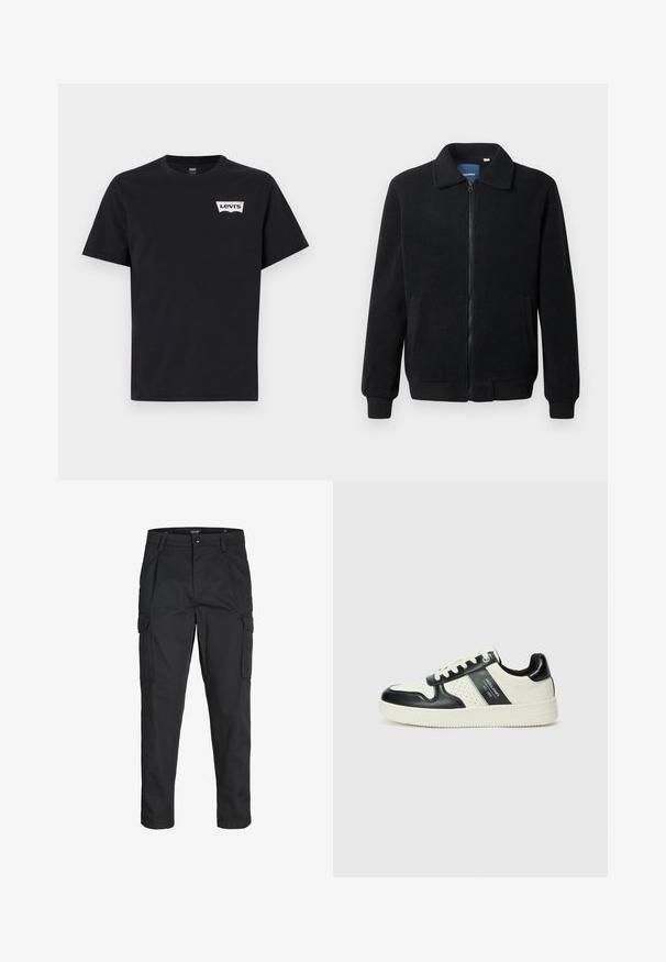 Svart fleece jakke med glidelås, høy krage, ribbestrikkede mansjetter og sidelommer med strukturert overflate.; Svart bomulls T-skjorte med korte ermer, rund hals og en liten hvit Levi's-logo på venstre foran.; Sorte cargo bukser laget av slitesterkt stoff, med flere lommer, knappelukking og en slim fit-design med avsmalnede ben.; Lædersneakers med sort og creme farveskema, der har perforerede detaljer, en polstret krave og en struktureret ydersål.