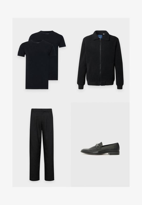 Čierna flísová bunda s uzáverom na zips, stojatým golierom, rebrovanými manžetami a bočnými vreckami s textúrovaným povrchom.; Dve čierne tričká poskladané na sebe, s klasickým okrúhlym výstrihom a krátkymi rukávmi, vyrobené z hladkej, ľahkej tkaniny.; Čierne nohavice vyrobené z hladkej tkaniny, s rovnými nohavicami, dvoma prednými skladmi a štandardným pásom s pútkami na opasok.; Čierne kožené loafers s hladkým povrchom, s prešitým dizajnom a dekoratívnym kovovým reťazovým akcentom cez priehlavok. Plochý podpätok.