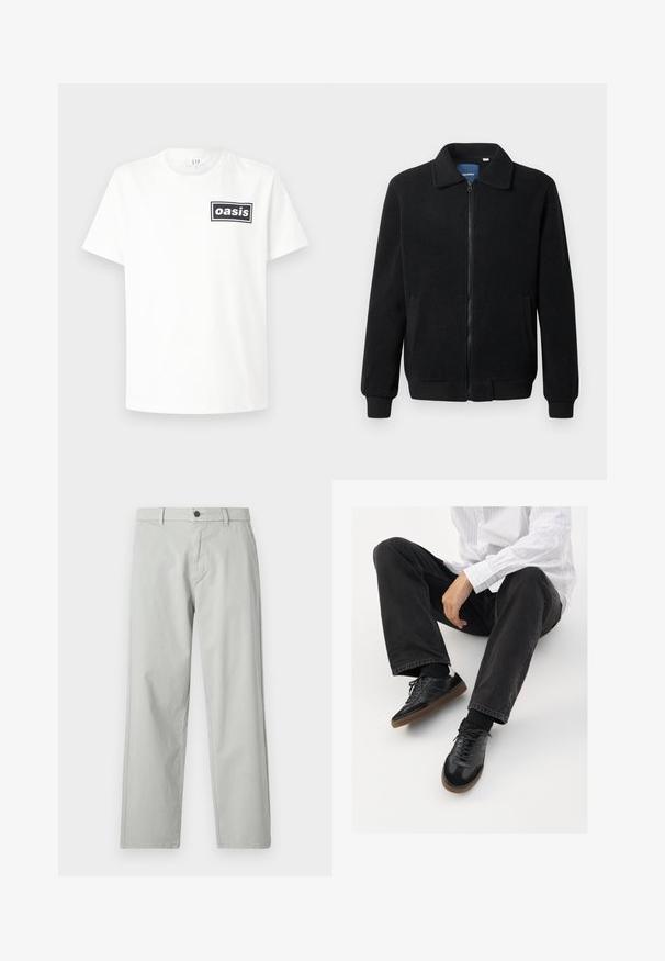 Svart fleecjacka med dragkedja, ståkrage, ribbade muddar och sidofickor med texturerad yta.; Vit bomullströja med en svart rektangulär logotyp med ordet "oasis" centrerat. Korta ärmar och en klassisk crewneck-design.; Ljusgrå, raka byxor i ett slätt, vävt tyg. Har en framknäppning och sidofickor. Minimalistisk stil.; Svarta sneakers med en slät och texturerad ovandel, med en gummisula och mörka snören. I kombination med svarta jeans och en vit randig skjorta.