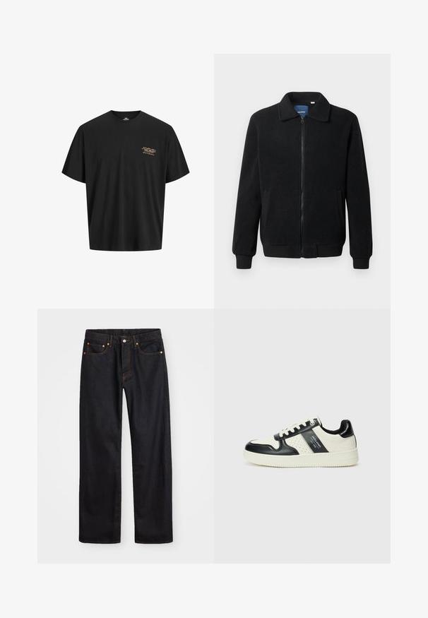 Juodas fliso džemperis su užtrauktuku, stovinčia apykakle, gumuotais rankogaliais ir šoninėmis kišenėmis, turinčiomis tekstūruotą paviršių.; Juodas medvilninis marškinėliai su laisvu siluetu. Savybė yra mažas, auksinės spalvos logotipas, atspausdintas kairėje krūtinės pusėje. Trumpomis rankovėmis ir apvalia iškirpte.; Vyrų tiesaus kirpimo juodi džinsai iš denim medžiagos, su penkiomis kišenėmis ir oranžinėmis siūlėmis, su mygtuko ir užtrauktuko uždarymu ant priekio.; Odiniai sportbačiai juodos ir kreminės spalvų schemoje, su perforuotais akcentais, paminkštinta apykakle ir tekstūruotu padu.