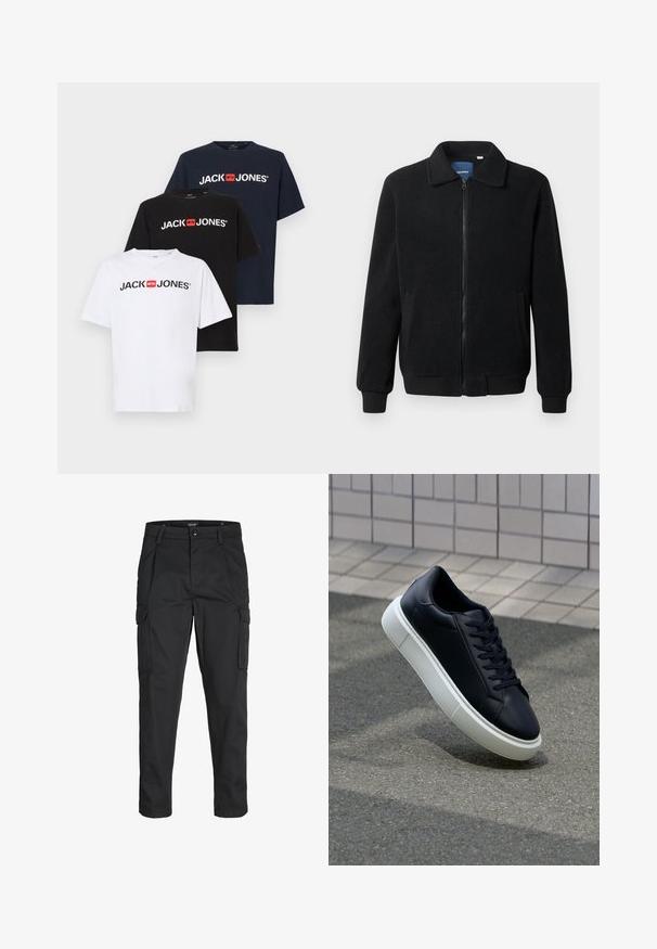 Juodas fliso džemperis su užtrauktuku, stovinčia apykakle, gumuotais rankogaliais ir šoninėmis kišenėmis, turinčiomis tekstūruotą paviršių.; Trys trumpomis rankovėmis marškinėliai baltos, juodos ir tamsiai mėlynos spalvos su "JACK & JONES" logotipu raudoname fone priekyje. Pagaminti iš medvilnės su glotnia apdaila.; Juodi krovinių tipo džinsai, pagaminti iš tvirto audinio, su keliais kišeniais, mygtuko uždarymu ir siauru, prigludusiu dizainu su siaurėjančiomis kojomis.; Juodas odinis sportbačius su apvaliu pirštu ir baltu gumuotu padu. Turi plokščias raišteles ir minimalų siuvimą viršuje. Padangos tekstūra užtikrina sukibimą.