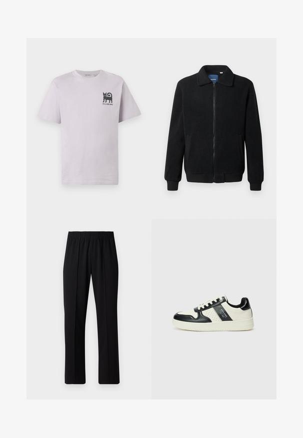 Black fleece jacket featuring a zip closure, stand collar, ribbed cuffs, and side pockets with a textured surface.; Short-sleeved, light purple cotton T-shirt with a black cat graphic and text on the left chest. Crew neckline and relaxed fit.; Black, elastic-waist trousers with a straight-leg design, featuring a smooth texture and no visible patterns or hardware.; Leather sneakers with a black and cream color scheme, featuring perforated accents, a padded collar, and a textured outsole.