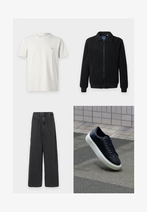 Black fleece jacket featuring a zip closure, stand collar, ribbed cuffs, and side pockets with a textured surface.; Short-sleeve t-shirt in light beige cotton, featuring a small embroidered deer logo on the left chest. Round neck with standard fit.; Wide-leg, high-waisted black denim pants with a front button and zipper closure, featuring side pockets and a smooth texture.; Black leather sneaker with rounded toe and white rubber sole. Features flat laces and minimal stitching on the upper. Textured sole for grip.