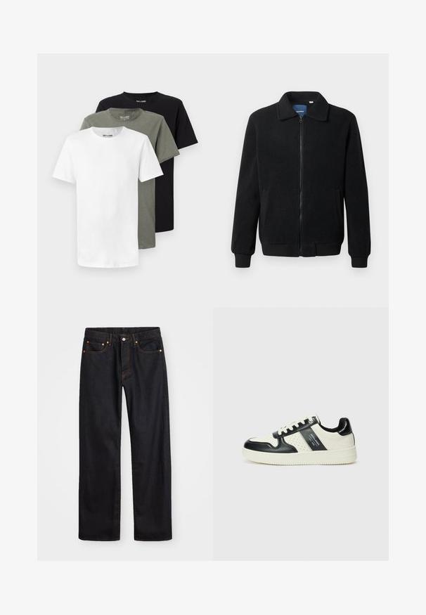 Black fleece jacket featuring a zip closure, stand collar, ribbed cuffs, and side pockets with a textured surface.; Three crew-neck t-shirts in white, olive green, and black. Made of soft cotton, featuring short sleeves and a relaxed fit.; Men’s straight-leg black denim jeans with five pockets and orange stitching, button and zip closure on front waistband.; Leather sneakers with a black and cream color scheme, featuring perforated accents, a padded collar, and a textured outsole.