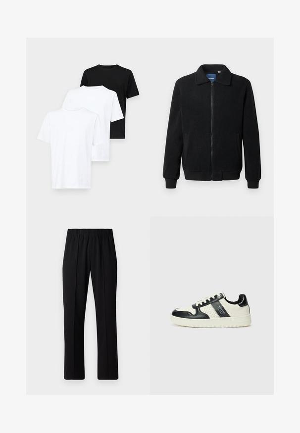 Schwarze Fleecejacke mit Reißverschluss, Stehkragen, gerippten Bündchen und seitlichen Taschen mit strukturiertem Oberflächenmaterial.; Drei kurzärmelige T-Shirts: zwei weiße und eines schwarze. Hergestellt aus Baumwolle, mit einem Rundhalsausschnitt und einem einfachen, klassischen Design.; Schwarze, Gummibund-Hosen mit geradem Schnitt, die eine glatte Textur aufweisen und keine sichtbaren Muster oder Beschläge haben.; Leder-Sneaker in Schwarz- und Cremetönen, mit perforierten Akzenten, einem gepolsterten Kragen und einer strukturierten Laufsohle.