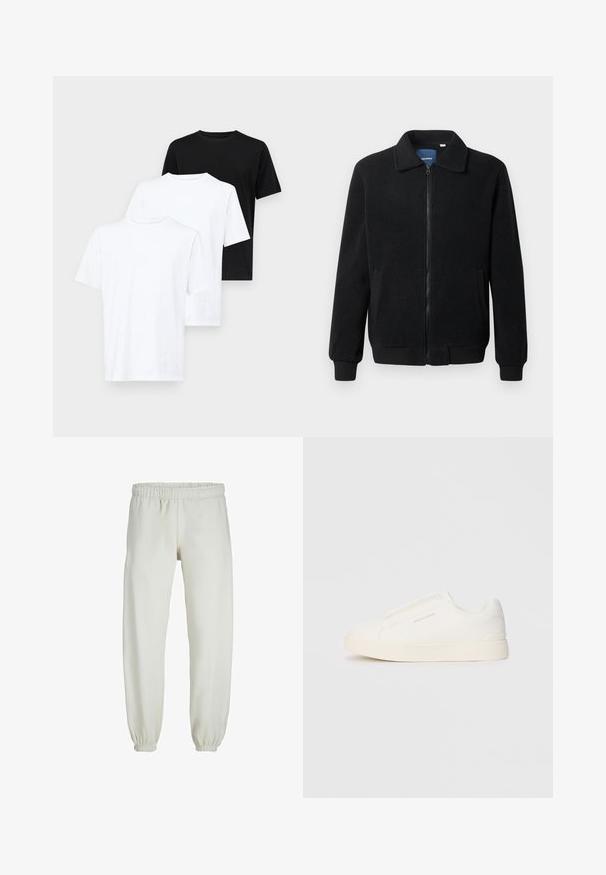 Black fleece jacket featuring a zip closure, stand collar, ribbed cuffs, and side pockets with a textured surface.; Three short-sleeve t-shirts: two white and one black. Made of cotton, featuring a round neck and a simple, classic design.; White sweatpants made from soft fabric, featuring an elastic waistband and cuffs, with a smooth texture and loose-fitting design.; White slip-on sneakers with a textured surface, a thick sole, and minimalistic design. Features brand logo on the side.