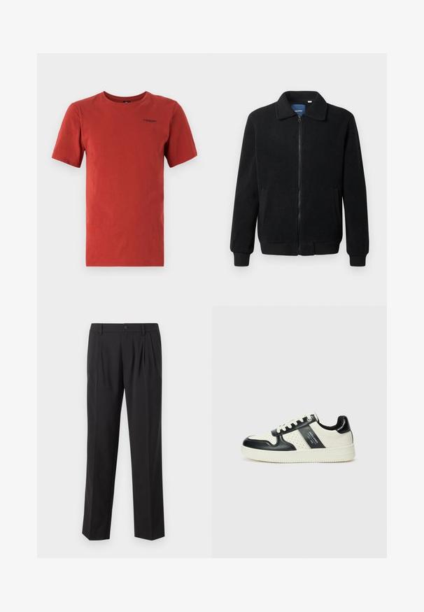 Černá fleecová bunda s zipovým uzávěrem, stojáčkem, vroubkovanými manžetami a bočními kapsami s texturovaným povrchem.; G-STAR BASE - Jednoduché tričko - rusty red; Černé společenské kalhoty vyrobené z hladké tkaniny, s přehyby vpředu, zapínáním na knoflík a rovnými nohavicemi.; Kožené tenisky s černobílou barevnou kombinací, které mají perforované detaily, polstrovaný límec a texturovanou podrážku.