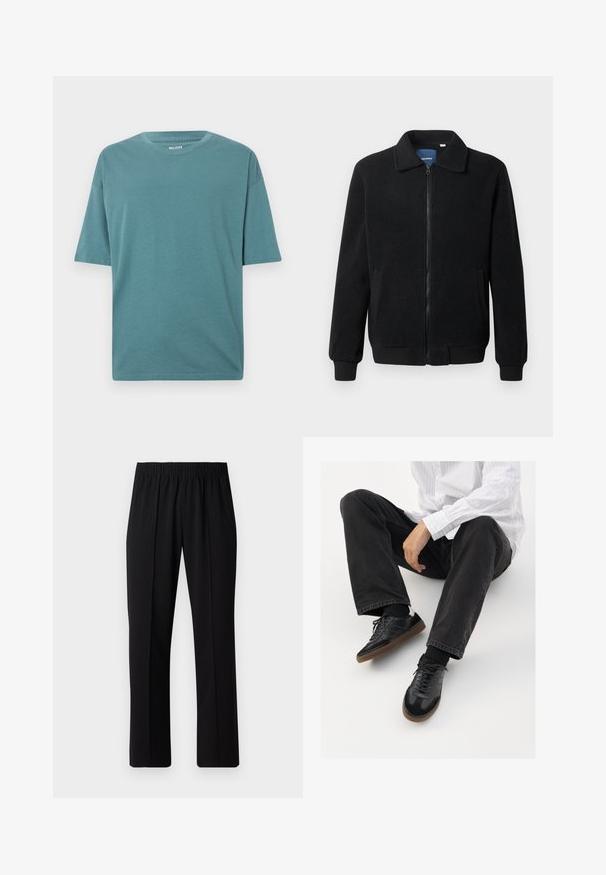 Μαύρο φλις μπουφάν με κλείσιμο με φερμουάρ, όρθιο γιακά, λαστιχένια μανίκια και πλάγιες τσέπες με υφή.; Τιρκουάζ βαμβακερό T-shirt με λαιμόκοψη και κοντά μανίκια. Χαλαρή εφαρμογή με υφή στην επιφάνεια, χωρίς ορατά σχέδια ή αξεσουάρ.; Μαύρο παντελόνι με ελαστική μέση και ίσια γραμμή, με λεία υφή και χωρίς εμφανή σχέδια ή μεταλλικά στοιχεία.; Μαύρα αθλητικά παπούτσια με λείο και υφασμάτινο πάνω μέρος, διαθέτοντας καουτσούκ σόλα και σκούρες κορδόνες. Συνδυασμένα με μαύρα τζιν και λευκό πουκάμισο με ρίγες.