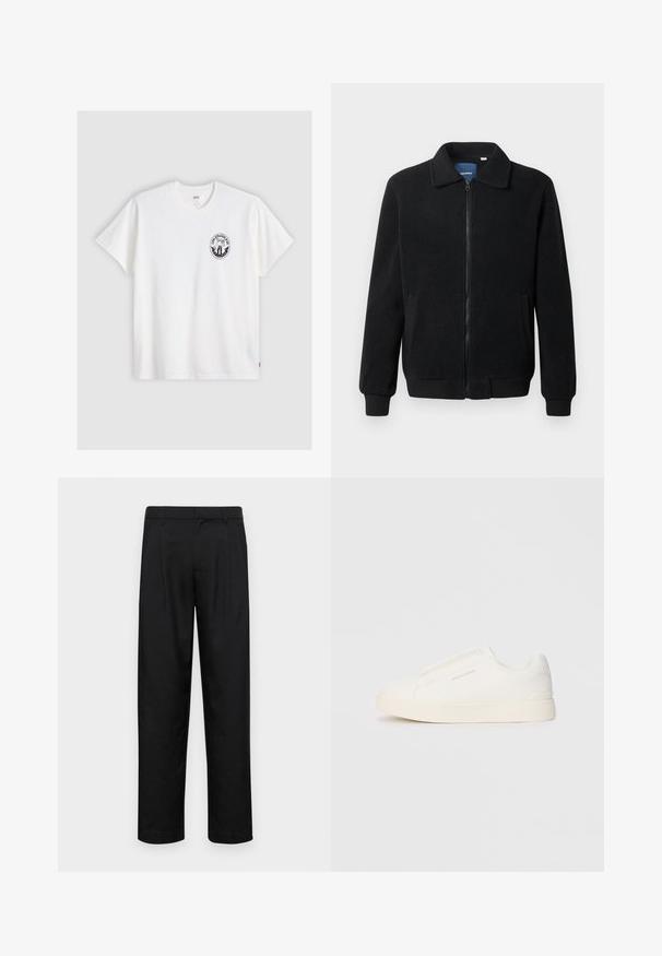 Črna flis jakna z zadrgo, stoječim ovratnikom, rebrastimi zapestji in stranskimi žepi s teksturirano površino.; Bela bomba majica iz bombaža s kratkimi rokavi in okroglim ovratnikom ter črnim krožnim logotipom na levem prsnem delu z stilizirano zasnovo.; Črne hlače iz gladkega materiala, s krojem ravne noge, dvema sprednjima pregiboma in standardnim pasom z zankami za pas.; Bele zapete brez vezalk z teksturirano površino, debelim podplatom in minimalističnim dizajnom. Na strani se nahaja logotip blagovne znamke.