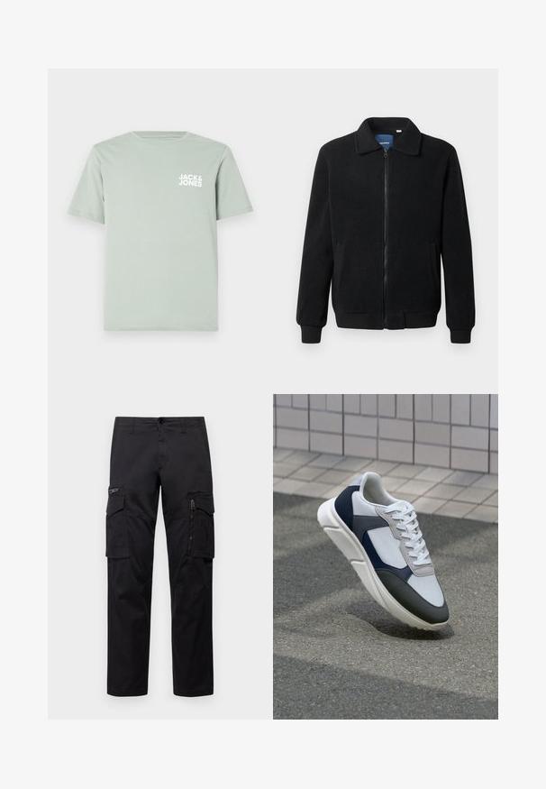 Melnā vilnas jaka ar rāvējslēdzēju, stāvošu apkakli, ribotām piedurknēm un sānu kabatām ar teksturētu virsmu.; Gaiši zaļa kokvilnas T-kreklu ar apaļu kakla izgriezumu un īsām piedurknēm. Uz kreisās krūts ir prints ar baltu logotipu "JACK & JONES".; Melnas cargo bikses ar vairākiem kabatām, ar rāvējslēdzēju kabatu uz augšstilba, taisnu piegriezumu un izturīgu kokvilnas audumu ar vieglu spīdumu.; Balti, tumši zili un pelēki sporta apavi ar jauktu materiālu dizainu, kuram ir teksturēts augšdaļa, plakani šņores un mīkstināta zole.