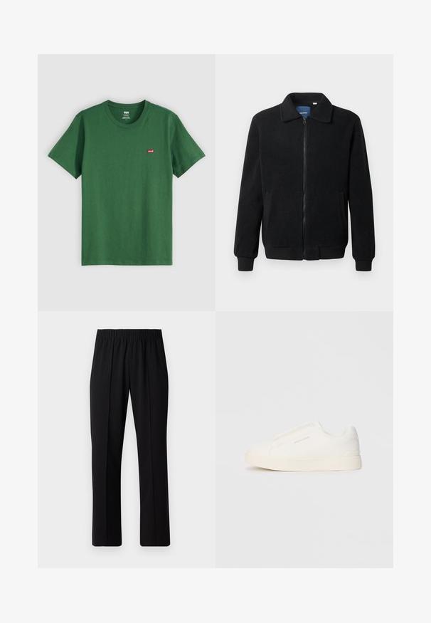 Μαύρο φλις μπουφάν με κλείσιμο με φερμουάρ, όρθιο γιακά, λαστιχένια μανίκια και πλάγιες τσέπες με υφή.; Πράσινο βαμβακερό t-shirt με στρογγυλή λαιμόκοψη, κοντά μανίκια και μικρό κόκκινο λογότυπο Levi's στο αριστερό στήθος. Μαλακή υφή, κανονική εφαρμογή.; Μαύρο παντελόνι με ελαστική μέση και ίσια γραμμή, με λεία υφή και χωρίς εμφανή σχέδια ή μεταλλικά στοιχεία.; Λευκά slip-on παπούτσια με υφή, παχύ πάτο και μινιμαλιστικό σχέδιο. Φέρει το λογότυπο της μάρκας στο πλάι.