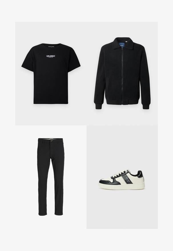 Jachetă din fleece neagră, cu închidere prin fermoar, guler înalt, manșete ribbate și buzunare laterale cu o suprafață texturată.; Tricou din bumbac negru cu mâneci scurte și gât rotund. Pe față are un text grafic alb "UNLEASH!" imprimat central.; Pantaloni negri din bumbac cu un croi slim, având închidere cu nasture, buzunare și manșete răsturnate pentru un aspect casual.; Tenisi din piele cu un scheme de culori negru și crem, dotati cu accente perforate, guler căptușit și o talpă texturată.