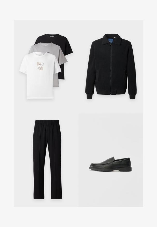 Black fleece jacket featuring a zip closure, stand collar, ribbed cuffs, and side pockets with a textured surface.; Three t-shirts in white, gray, and black. Short sleeves, round necklines. White shirt features a subtle graphic design of skulls. Cotton material.; Black, elastic-waist trousers with a straight-leg design, featuring a smooth texture and no visible patterns or hardware.; Black leather loafers with a smooth finish, moccasin-style upper, stitched detailing, and a rubber sole. Classic design with a low heel.