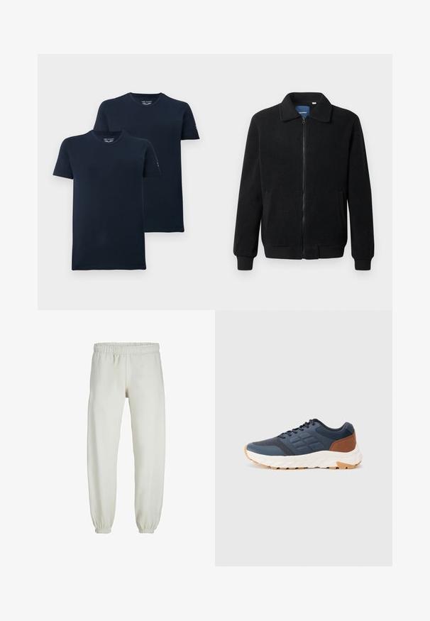 Czarna polarowa kurtka z zamkiem błyskawicznym, stójką, ściągaczami przy mankietach oraz bocznymi kieszeniami o teksturowanej powierzchni.; Granatowe bawełniane t-shirty, krótki rękaw, okrągły dekolt, bez metek, w opakowaniu po dwa, gładka tekstura, minimalne logo na rękawach.; Białe dresy wykonane z miękkiego materiału, z elastycznym pasem i mankietami, o gładkiej fakturze i luźnym kroju.; Granatowe buty sportowe z brązowym akcentem na pięcie, teksturowana siateczka na górze, wyściełany kołnierz i biała gumowa podeszwa z wzorzystym bieżnikiem.