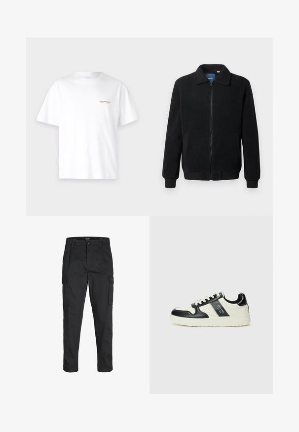 Melnā vilnas jaka ar rāvējslēdzēju, stāvošu apkakli, ribotām piedurknēm un sānu kabatām ar teksturētu virsmu.; Balta kokvilnas T-kreklu ar īsām piedurknēm, ar mazu zelta logo uz krūtīm. Klasisks apaļais kakls, gluda tekstūra.; Melnas kravas bikses, izgatavotas no izturīga auduma, ar vairākiem kabatām, pogu aizdari un šaura piegriezuma dizainu ar sašaurinātiem kāju apakšiem.; Ādas sporta apavi ar melnbaltu krāsu shēmu, ar perforētiem akcentiem, mīkstinātu apkakli un teksturētu zoli.