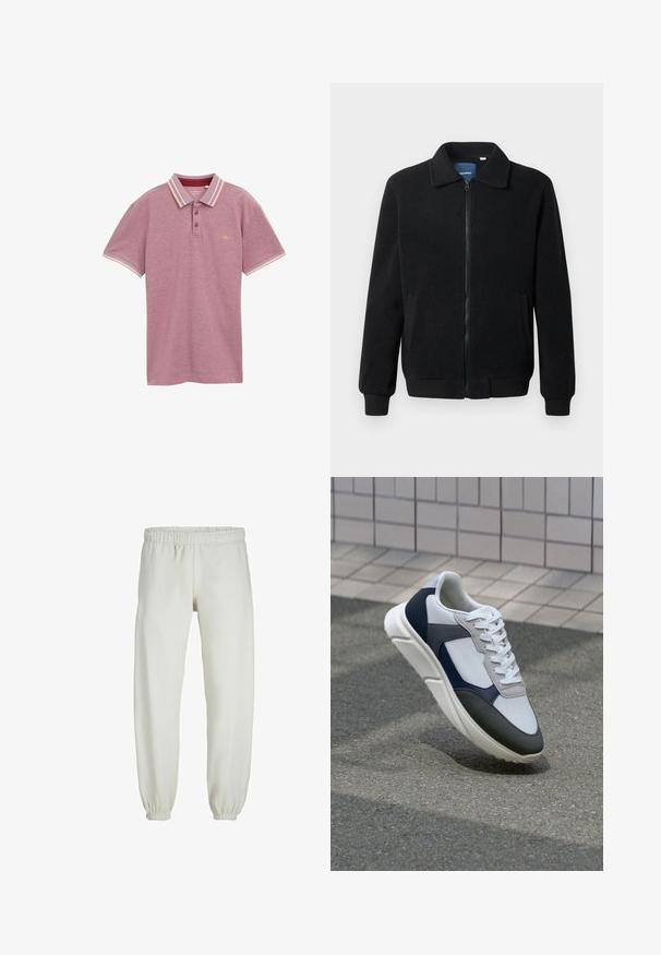 Black fleece jacket featuring a zip closure, stand collar, ribbed cuffs, and side pockets with a textured surface.; Maroon polo shirt, short sleeves, knit fabric, two-button placket, striped collar and sleeve cuffs in contrasting colors, logo on chest.; White sweatpants made from soft fabric, featuring an elastic waistband and cuffs, with a smooth texture and loose-fitting design.; White, navy, and gray sneaker with a mixed material design, featuring a textured upper, flat laces, and a cushioned sole.