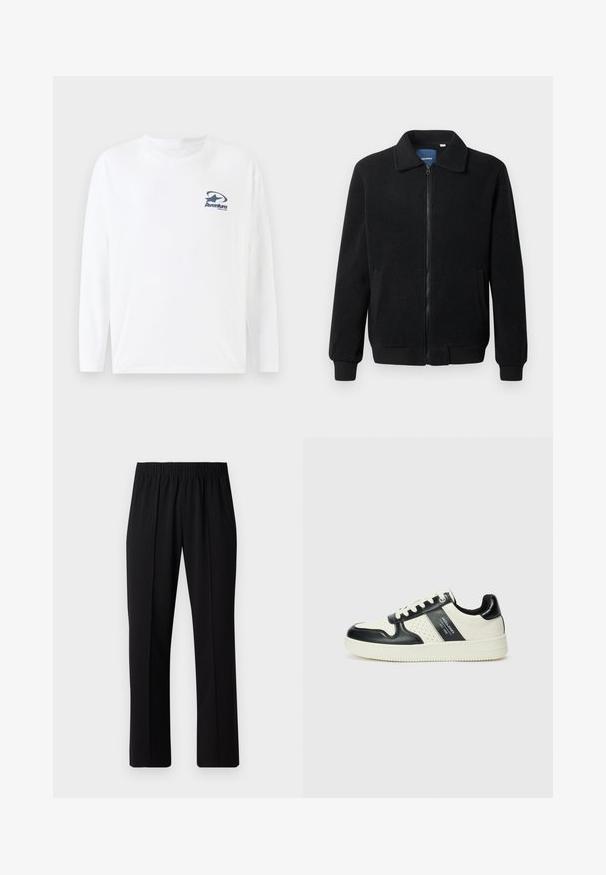 Sort fleecejakke med lynlås, opretstående krave, ribbede manchetter og sidelommer med en tekstureret overflade.; Hvid langærmet t-shirt lavet af bomuld, med et marineblåt logo på brystet. Rundet halsudskæring og lige kant med lange, komfortable ærmer.; Sorte bukser med elastisk talje og lige ben, der har en glat tekstur og ingen synlige mønstre eller hardware.; Lædersneakers i sort og creme farveskema, med perforerede detaljer, en polstret krave og en struktureret ydersål.