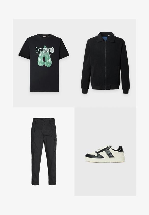 Musternahk fleece-jakk musternahaga, tõmblukk, seisev kaelus, soonikkoes varrukad ja küljetaskud tekstuurse pinnaga.; Must mustariga t-särk, millel on roheline poksikinnaste graafika ja "ENGLEWOOD Boxing Gym New Jersey Fight Academy" tekst ees.; Mustad mustapõlvik, mis on valmistatud tugeva koe kasutades, sisaldab mitmeid taskuid, nupule kinnitatav sulgemine ja kitsenev disain.; Nahatud nahkkingad musta ja kreemi värviskeemiga, millel on perforeeritud aktsendid, pehme krae ja tekstureeritud tallad.