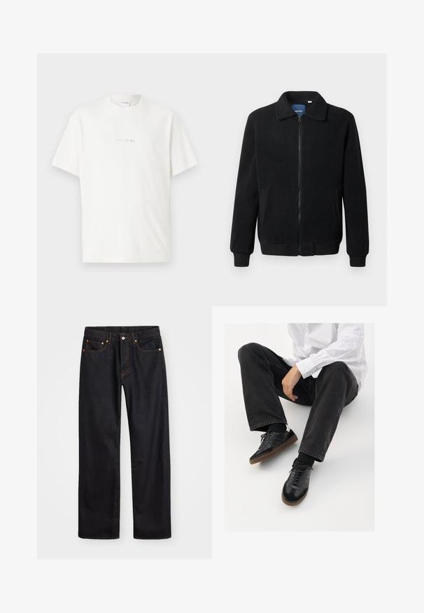 Black fleece jacket featuring a zip closure, stand collar, ribbed cuffs, and side pockets with a textured surface.; White cotton t-shirt with a crew neck, short sleeves, and a small printed logo on the front. Smooth texture and relaxed fit.; Men’s straight-leg black denim jeans with five pockets and orange stitching, button and zip closure on front waistband.; Black sneakers with a smooth and textured upper, featuring a rubber sole and dark laces. Paired with black jeans and a white striped shirt.