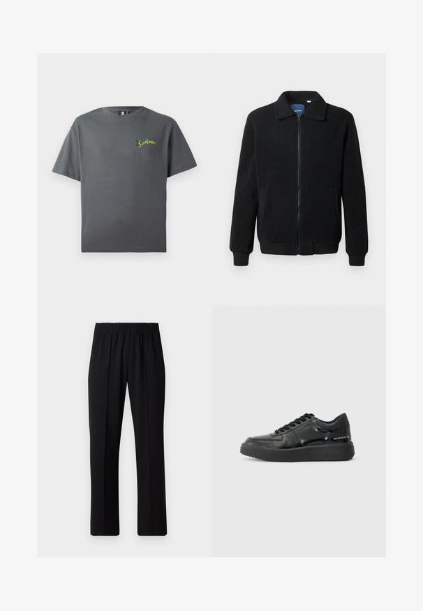 Czarna polarowa kurtka z zamkiem błyskawicznym, stójką, ściągaczami przy mankietach oraz bocznymi kieszeniami o teksturowanej powierzchni.; Szara bawełniana koszulka z okrągłym dekoltem i krótkimi rękawami. Posiada wielokolorową grafikę "Supermana" na lewej stronie klatki piersiowej.; Czarne spodnie z elastycznym pasem o prostym kroju, z gładką strukturą i bez widocznych wzorów czy elementów metalowych.; Czarne skórzane trampki o gładkim wykończeniu, okrągłym nosku i kontrastowej czarnej gumowej podeszwie. Wyposażone w płaskie sznurówki oraz logo po boku.