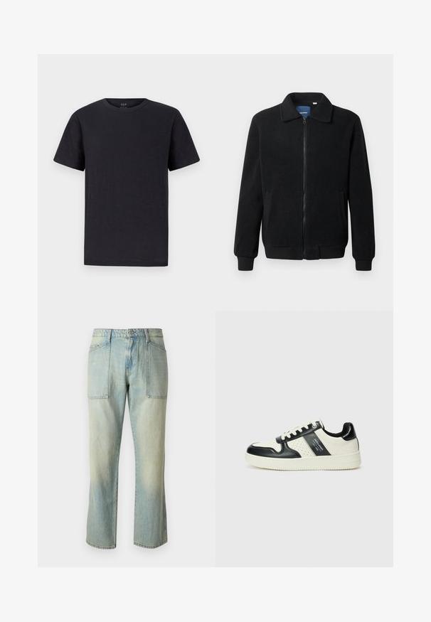 Crni flis jakna s zatvaranjem na zip, stojećim ovratnikom, rebrastim manžetama i bočnim džepovima s teksturiranom površinom.; Crna majica s kratkim rukavima od mekog, laganog materijala s klasičnim okruglim izrezom. Jednostavan, običan dizajn bez uzoraka ili naglasaka.; Svijetlo plave traperice s ravnim krojem, vidljivim šavovima i dva velika prednja džepa. Tkanina ima izblijedjeli izgled.; Kožne tenisice s crno-bijelom paletom boja, koje imaju perforirane akcentne detalje, podstavljeni ovratnik i teksturiranu potplat.