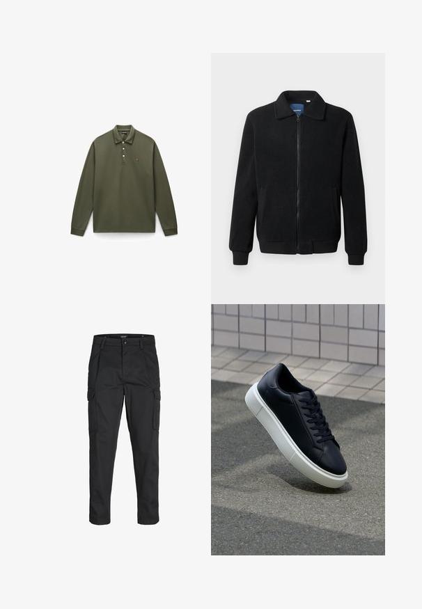 Musternahk fleece-jakk musternahaga, tõmblukk, seisev kaelus, soonikkoes varrukad ja küljetaskud tekstuurse pinnaga.; Oliiviroheline pikkade varrukatega polo särk, mis on valmistatud puuvillast, sisaldab kolme nupuga sulgemist, soonikutega mansette ja väikest tikandiga logo rinnal.; Mustad mustapõlvik, mis on valmistatud tugeva koe kasutades, sisaldab mitmeid taskuid, nupule kinnitatav sulgemine ja kitsenev disain.; Mustast nahast tennisetoss, millel on ümar nina ja valge kummist tall. Omab siredaid paelu ja minimaalset õmblemist ülemises osas. Tekstuuriga tald, mis tagab haakuvuse.