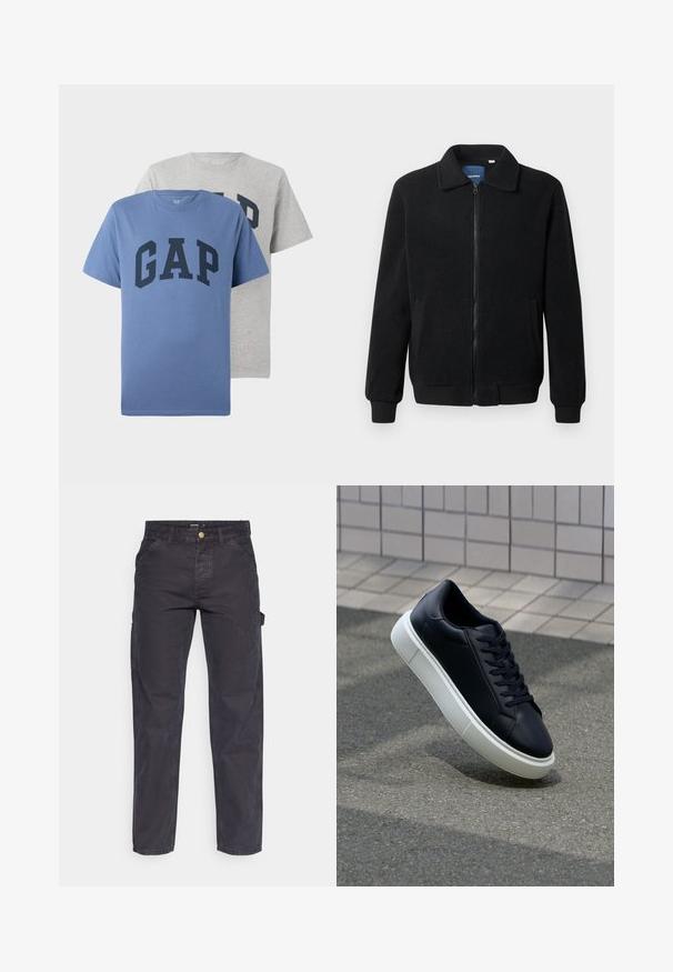 Juodas fliso džemperis su užtrauktuku, stovinčia apykakle, gumuotais rankogaliais ir šoninėmis kišenėmis, turinčiomis tekstūruotą paviršių.; Du duokšliai trumpomis rankovėmis, vienas mėlynas ir vienas pilkas, abu su dideliu tamsiai mėlynu "GAP" užrašu ant krūtinės.; Tamsiai pilkos krovininės kelnės, pagamintos iš patvarios medžiagos, su tiesaus kirpimo, penkiomis kišenėmis ir mygtukiniu užtrauktuku liemens srityje.; Juodas odinis sportbačius su apvaliu pirštu ir baltu gumuotu padu. Turi plokščias raišteles ir minimalų siuvimą viršuje. Padangos tekstūra užtikrina sukibimą.
