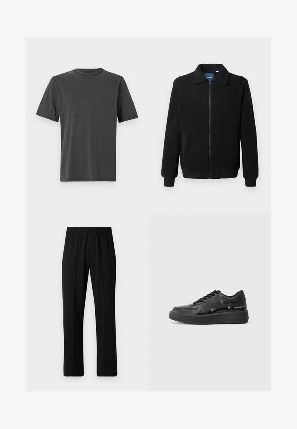 Zwarte fleece jas met een ritssluiting, staande kraag, ribgebreide manchetten en zijzakken met een textuur.; Donkergrijze t-shirt met korte mouwen en een ronde halslijn, gemaakt van zacht katoen, met subtiele stikdetails langs de randen.; Zwarte, elastische broek met rechte pijpen, met een gladde textuur en zonder zichtbare patronen of hardware.; Zwarte leren sneakers met een gladde afwerking, ronde neus en contrasterende zwarte rubberen zool. Voorzien van platte veters en merkbranding aan de zijkant.