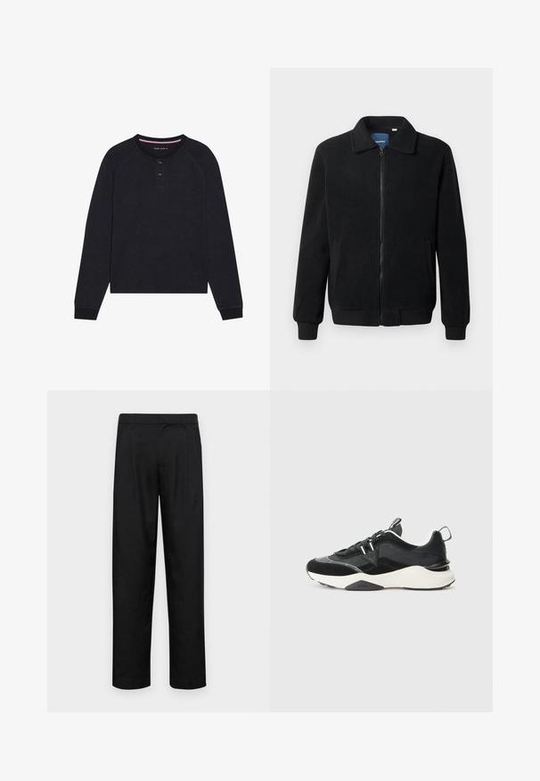 Musternahk fleece-jakk musternahaga, tõmblukk, seisev kaelus, soonikkoes varrukad ja küljetaskud tekstuurse pinnaga.; Must tume pikkade varrukatega henley särk, millel on ümmargune kaelus, kahe nööbiga plakk ja raglan varrukad. Kanga pind tundub pehme ja tekstuuriga.; Mustad mustadest riietest, millel on sirge jalgade disain, kaks eesmist voltimist ja tavaline vöökoht, millel on vöökohad.; Musthave musta toss, mis on valmistatud suede ja võrkmaterjalide segust, paksu valge tallaga ja peegeldavate aktsentidega. Läbilöögiga disain, millel on tõmblukk.